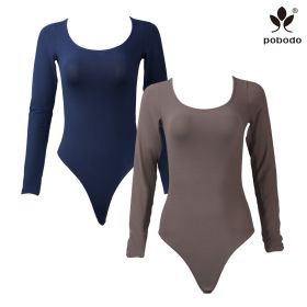 Round Neck Long Sleeved Brushed Warm Jumpsuit (Option: Tibetan blue x coffee color-M)